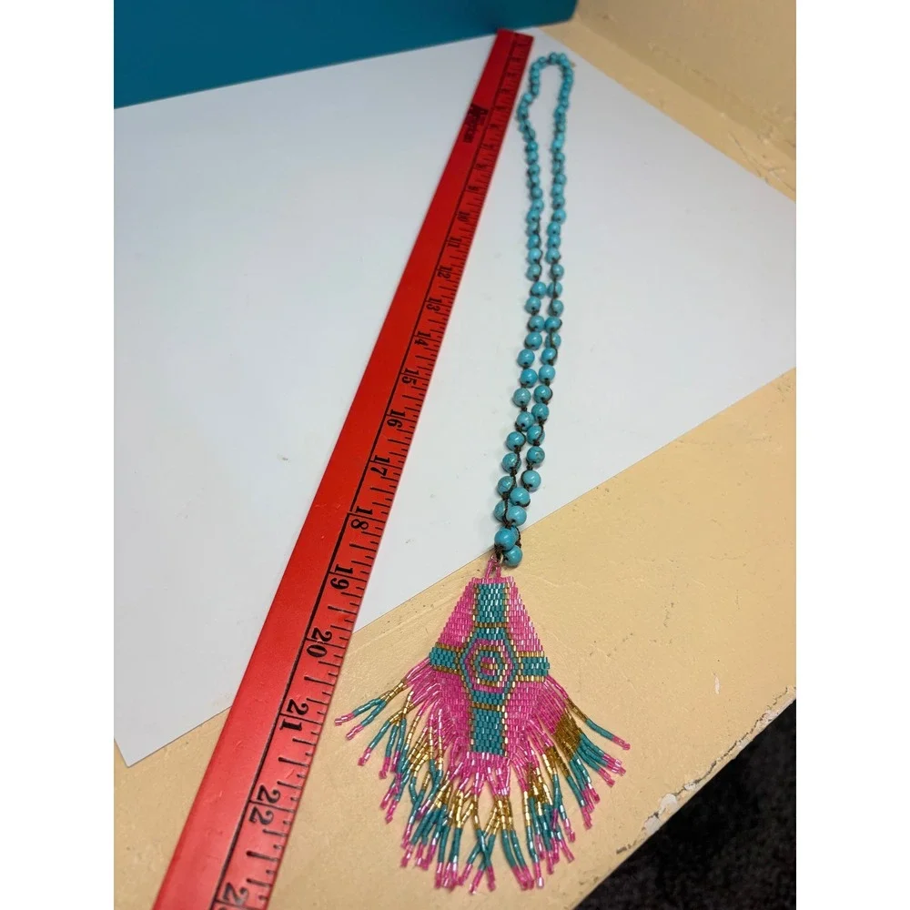Glam Girl Turquoise Stone Beaded Necklace Pink Teal Seed Bead Fringe Pendant
